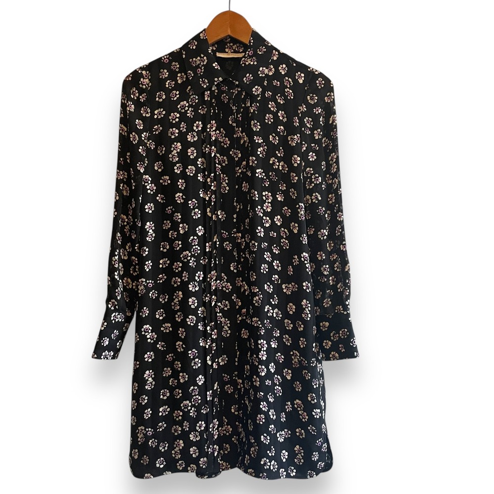 Tory Burch Floral Silk Long Sleeve Mini Dress Black Size 2